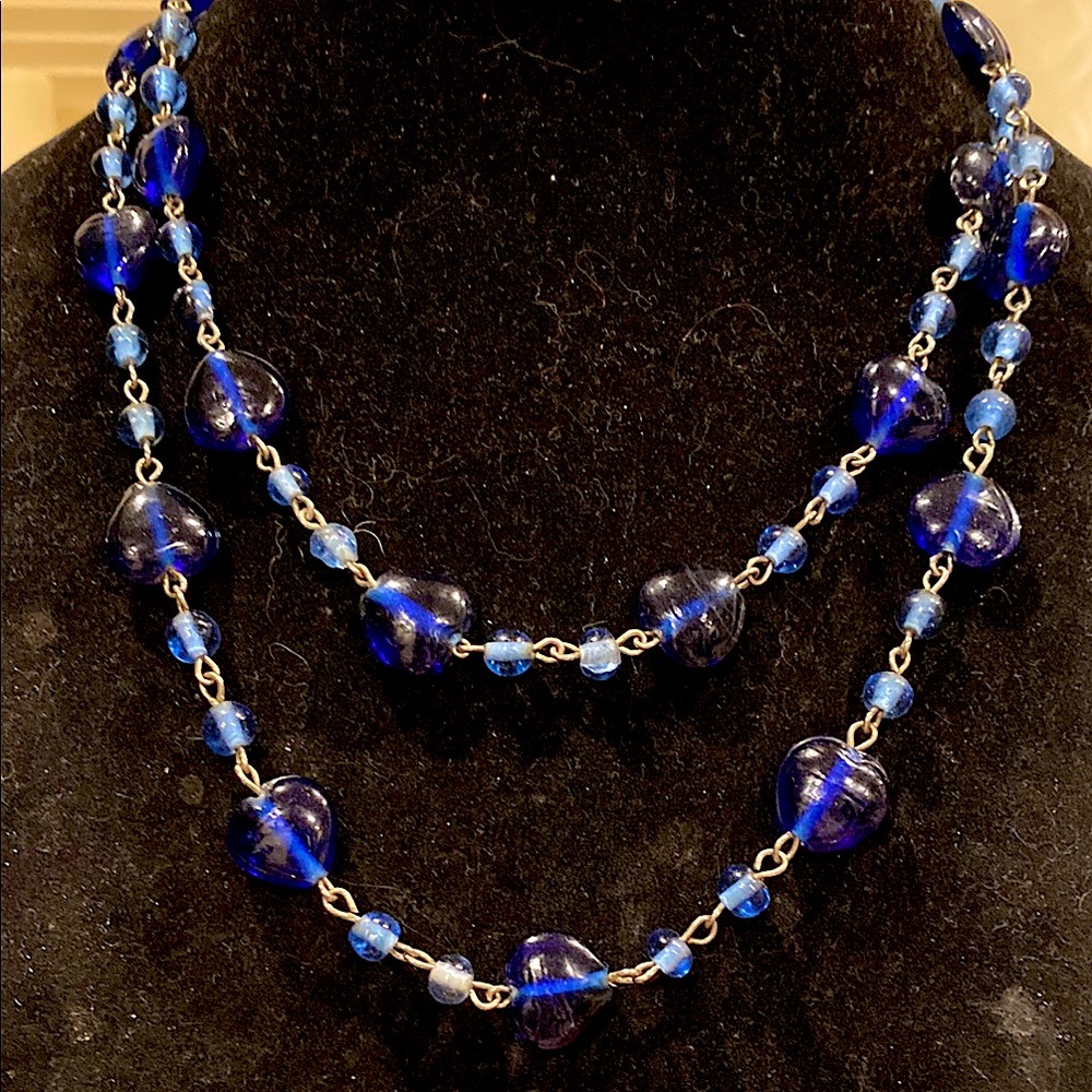 Beautiful Cobalt Blue Glass Heart Necklace. One Strand. Very Long.